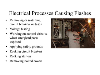 Electrical Processes Causing Flashes
• Removing or installing
circuit breakers or fuses
• Voltage testing
• Working on control circuits
when energized parts
exposed
• Applying safety grounds
• Racking circuit breakers
• Racking starters
• Removing bolted covers
 