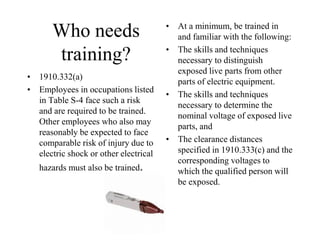 Who needs
training?
• 1910.332(a)
• Employees in occupations listed
in Table S-4 face such a risk
and are required to be trained.
Other employees who also may
reasonably be expected to face
comparable risk of injury due to
electric shock or other electrical
hazards must also be trained.
• At a minimum, be trained in
and familiar with the following:
• The skills and techniques
necessary to distinguish
exposed live parts from other
parts of electric equipment.
• The skills and techniques
necessary to determine the
nominal voltage of exposed live
parts, and
• The clearance distances
specified in 1910.333(c) and the
corresponding voltages to
which the qualified person will
be exposed.
 