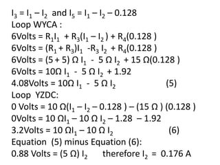 I3 = I1 – I2 and I5 = I1 – I2 – 0.128
Loop WYCA :
6Volts = R1I1 + R3(I1 – I2 ) + R4(0.128 )
6Volts = (R1 + R3)I1 -R3 I2 + R4(0.128 )
6Volts = (5 + 5) Ω I1 - 5 Ω I2 + 15 Ω(0.128 )
6Volts = 10Ω I1 - 5 Ω I2 + 1.92
4.08Volts = 10Ω I1 - 5 Ω I2 (5)
Loop YZDC:
0 Volts = 10 Ω(I1 – I2 – 0.128 ) – (15 Ω ) (0.128 )
0Volts = 10 ΩI1 – 10 Ω I2 – 1.28 – 1.92
3.2Volts = 10 ΩI1 – 10 Ω I2 (6)
Equation (5) minus Equation (6):
0.88 Volts = (5 Ω) I2 therefore I2 = 0.176 A
 