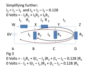 Simplifying further:
I3 = I1 – I2 and I5 = I1 – I2 – 0.128
0 Volts = - I2R2 + I3R3 + I5R5
I1 R1 I3 R 3 I5
W X Y Z
6V I2 R2 I4 R4 R5
A B C D
Fig 3
0 Volts = - I2R2 + I(I1 – I2 )R3 + (I1 – I2 – 0.128 )R5
0 Volts = - I2 + I(I1 – I2 )R3 + (I1 – I2 – 0.128 )R5
 
