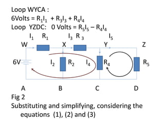 Loop WYCA :
6Volts = R1I1 + R3I3 + R4I4
Loop YZDC: 0 Volts = R5I5 – R4I4
I1 R1 I3 R 3 I5
W X Y Z
6V I2 R2 I4 R4 R5
A B C D
Fig 2
Substituting and simplifying, considering the
equations (1), (2) and (3)
 
