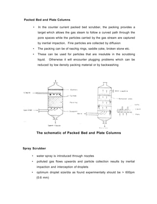 Packed Bed and Plate Columns
• In the counter current packed bed scrubber, the packing provides a
target which allows the gas steam to follow a curved path through the
pore spaces while the particles carried by the gas stream are captured
by inertial impaction. Fine particles are collected by diffusion
• The packing can be of raschig rings, saddle coke, broken stone etc.
• These can be used for particles that are insoluble in the scrubbing
liquid. Otherwise it will encounter plugging problems which can be
reduced by low density packing material or by backwashing
The schematic of Packed Bed and Plate Columns
Spray Scrubber
• water spray is introduced through nozzles
• polluted gas flows upwards and particle collection results by inertial
impaction and interception of droplets
• optimum droplet size/dia as found experimentally should be > 600pm
t
(0.6 mm)
 