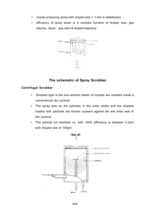 • nozzle producing spray with droplet size < 1 mm is satisfactory
• efficiency of spray tower is a complex function of droplet size, gas
velocity, liquid : gas ratio & droplet trajectory
The schematic of Spray Scrubber
Centrifugal Scrubber
• Simplest type is the one wherein banks of nozzles are inserted inside a
conventional dry cyclone
• The spray acts on the particles in the outer vertex and the droplets
loaded with particles are thrown outward against the wet inner wall of
the cyclone
• The particle cut diameter i.e. with >50% efficiency is between 2-3pm
with droplet size of 100pm
Clean q<K
t
254
 
