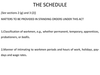 THE SCHEDULE
[See sections 2 (g) and 3 (2)]

MATTERS TO BE PROVIDED IN STANDING ORDERS UNDER THIS ACT



1.Classification of workmen, e.g., whether permanent, temporary, apprentices,
probationers, or badlis.



2.Manner of intimating to workmen periods and hours of work, holidays, pay-
days and wage rates.
 
