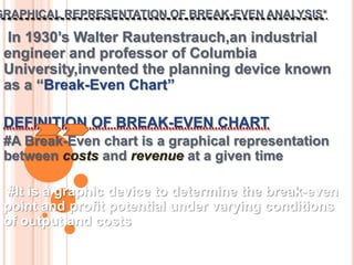 GRAPHICAL REPRESENTATION OF BREAK-EVEN ANALYSIS*

 In 1930’s Walter Rautenstrauch,an industrial
 engineer and professor of Columbia
 University,invented the planning device known
 as a “Break-Even Chart”

 DEFINITION OF BREAK-EVEN CHART
 #A Break-Even chart is a graphical representation
 between costs and revenue at a given time

 #It is a graphic device to determine the break-even
 point and profit potential under varying conditions
 of output and costs
 