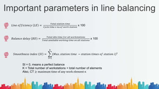 Important parameters in line balancing
𝐿𝑖𝑛𝑒 𝑒𝑓𝑓𝑖𝑐𝑖𝑒𝑛𝑐𝑦 𝐿𝐸 =
𝑇𝑜𝑡𝑎𝑙 𝑠𝑡𝑎𝑡𝑖𝑜𝑛 𝑡𝑖𝑚𝑒
𝐶𝑦𝑐𝑙𝑒 𝑡𝑖𝑚𝑒 𝑥 𝑛𝑜.𝑜𝑓 𝑤𝑜𝑟𝑘 𝑠𝑡𝑎𝑡𝑖𝑜𝑛
x 100
𝐵𝑎𝑙𝑎𝑛𝑐𝑒 𝑑𝑒𝑙𝑎𝑦 𝐵𝐷 =
𝑇𝑜𝑡𝑎𝑙 𝑖𝑑𝑙𝑒 𝑡𝑖𝑚𝑒 𝑓𝑜𝑟 𝑎𝑙𝑙 𝑤𝑜𝑟𝑘𝑠𝑡𝑎𝑡𝑖𝑜𝑛𝑠
𝑇𝑜𝑡𝑎𝑙 𝑎𝑣𝑎𝑖𝑙𝑎𝑏𝑙𝑒 𝑤𝑜𝑟𝑘𝑖𝑛𝑔 𝑡𝑖𝑚𝑒 𝑜𝑛 𝑎𝑙𝑙 𝑠𝑡𝑎𝑡𝑖𝑜𝑛𝑠
x 100
𝑆𝑚𝑜𝑜𝑡ℎ𝑛𝑒𝑠𝑠 𝑖𝑛𝑑𝑒𝑥 𝑆𝐼 =
𝑖=1
𝑘
(𝑀𝑎𝑥. 𝑠𝑡𝑎𝑡𝑖𝑜𝑛 𝑡𝑖𝑚𝑒 − 𝑠𝑡𝑎𝑡𝑖𝑜𝑛 𝑡𝑖𝑚𝑒𝑠 𝑜𝑓 𝑠𝑡𝑎𝑡𝑖𝑜𝑛 𝑖)2
SI = 0, means a perfect balance
K = Total number of workstations < total number of elements
Also, CT ≥ maximum time of any work element n
 