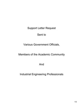 Support Letter Request Sent to Various Government Officials, Members of the Academic Community And Industrial Engineering Professionals 