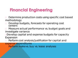 Determine production costs using specific cost based
methodology
Develop budgets, forecasts for operating cost
centers
Measure actual performance vs. budget goals and
investigate variance
Develop capital and expense budgets for capacity
Expansion
Perform cost analysis/justification for capital and
expense expenditures
Perform makevs. buy vs. lease analyses
 