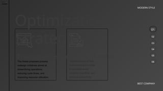 01
02
03
04
05
06
MODERN STYLE
BEST COMPANY
Optimization
Strategies
The thesis proposes process
redesign initiatives aimed at
streamlining operations,
reducing cycle times, and
improving resource utilization.
Implementation of lean
manufacturing principles
to eliminate waste,
minimize downtime, and
enhance productivity.
Process RedesignLean Principles
 