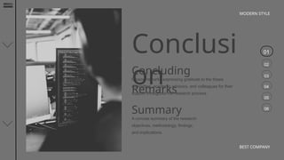 01
02
03
04
05
06
MODERN STYLE
BEST COMPANY
Conclusi
on
Summary
Concluding
Remarks
A concise summary of the research
objectives, methodology, findings,
and implications.
Closing remarks expressing gratitude to the thesis
committee, academic advisors, and colleagues for their
support throughout the research process.
 