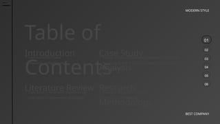 01
02
03
04
05
06
MODERN STYLE
BEST COMPANY
Table of
Contents
Introduction
Literature Review Research
Methodology
Case Study
Analysis
• Overview of the Thesis
• Objectives of the Research
• Case Study 1: Analysis of Manufacturing
• Case Study 2: Optimization of Logistics
• Review of Existing Literature in Industrial Engineering
• Key Findings and Trends in Process Optimization and
Sustainability
• Research Design and Approach
• Data Collection Methods
 