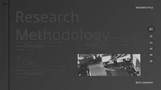 01
02
03
04
05
06
MODERN STYLE
BEST COMPANY
Research
Methodology
Research
Design
Data
Analysis
Case
Studies
The methodology section outlines the research
approach adopted for this study, including data
collection methods, analysis techniques, and
evaluation criteria.
A series of case studies were conducted to assess
industrial processes in various sectors, including
manufacturing, logistics, and supply chain
management.
Quantitative and qualitative data analysis techniques were
employed to identify patterns, trends, and opportunities for
improvement within the selected industrial processes.
Slide 5-10: Case Study Analysis
 