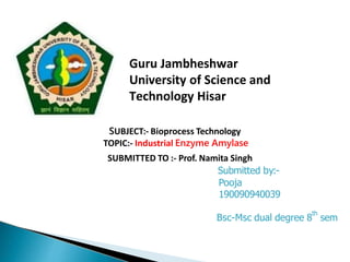 Guru Jambheshwar
University of Science and
Technology Hisar
SUBJECT:- Bioprocess Technology
TOPIC:- Industrial Enzyme Amylase
SUBMITTED TO :- Prof. Namita Singh
Submitted by:-
Pooja
190090940039
Bsc-Msc dual degree 8
th
sem
 