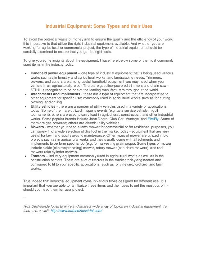 Industrial equipment some types and their uses