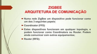 ZIGBEE
ARQUITETURA DE COMUNICAÇÃO
 Numa rede ZigBee um dispositivo pode funcionar como
um dos 3 seguintes papeis:
 Coordinator (FFD)
 Estes dispositivos funcionam em qualquer topologia, e
podem funcionar como Coordinators ou Router. Podem
ainda comunicar com outros equipamentos;
 Router (RFD);
 