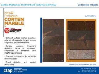 Surface Mechanical Treatment and Texturing Technology   Successful projects



                                                              Gutiérrez Mena




   • Different surface finishes to define
   a family of products derived from a
   single and exclusive material
   • Surface     process   treatment
   definition: types of abrasives,
   sequences     of abrasives    and
   machine parameters
   • Process optimization to minimize
   operating costs
   • Brand definition     and    market
   positioning
 