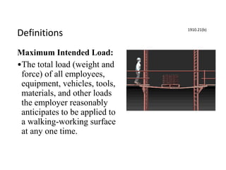 Definitions
Maximum Intended Load:
•The total load (weight and
force) of all employees,
equipment, vehicles, tools,
materials, and other loads
the employer reasonably
anticipates to be applied to
a walking-working surface
at any one time.
1910.21(b)
 