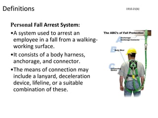 Definitions
Personal Fall Arrest System:
•A system used to arrest an
employee in a fall from a walking-
working surface.
•It consists of a body harness,
anchorage, and connector.
•The means of connection may
include a lanyard, deceleration
device, lifeline, or a suitable
combination of these.
1910.21(b)
 