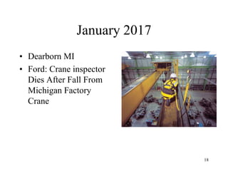 January 2017
• Dearborn MI
• Ford: Crane inspector
Dies After Fall From
Michigan Factory
Crane
18
 