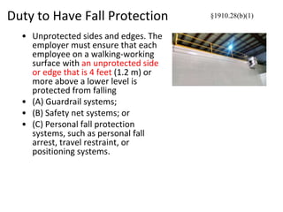 Duty to Have Fall Protection
• Unprotected sides and edges. The
employer must ensure that each
employee on a walking-working
surface with an unprotected side
or edge that is 4 feet (1.2 m) or
more above a lower level is
protected from falling
• (A) Guardrail systems;
• (B) Safety net systems; or
• (C) Personal fall protection
systems, such as personal fall
arrest, travel restraint, or
positioning systems.
§1910.28(b)(1)
 
