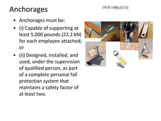 Anchorages
• Anchorages must be:
• (i) Capable of supporting at
least 5,000 pounds (22.2 kN)
for each employee attached;
or
• (ii) Designed, installed, and
used, under the supervision
of qualified person, as part
of a complete personal fall
protection system that
maintains a safety factor of
at least two.
1910.140(c)(13)
 
