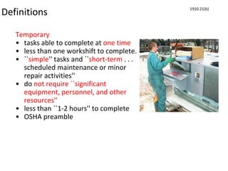 Definitions
Temporary
• tasks able to complete at one time
• less than one workshift to complete.
• ``simple'' tasks and ``short-term . . .
scheduled maintenance or minor
repair activities''
• do not require ``significant
equipment, personnel, and other
resources''
• less than ``1-2 hours'' to complete
• OSHA preamble
1910.21(b)
 