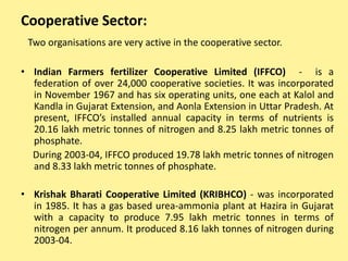Cooperative Sector:
Two organisations are very active in the cooperative sector.
• Indian Farmers fertilizer Cooperative Limited (IFFCO) - is a
federation of over 24,000 cooperative societies. It was incorporated
in November 1967 and has six operating units, one each at Kalol and
Kandla in Gujarat Extension, and Aonla Extension in Uttar Pradesh. At
present, IFFCO’s installed annual capacity in terms of nutrients is
20.16 lakh metric tonnes of nitrogen and 8.25 lakh metric tonnes of
phosphate.
During 2003-04, IFFCO produced 19.78 lakh metric tonnes of nitrogen
and 8.33 lakh metric tonnes of phosphate.
• Krishak Bharati Cooperative Limited (KRIBHCO) - was incorporated
in 1985. It has a gas based urea-ammonia plant at Hazira in Gujarat
with a capacity to produce 7.95 lakh metric tonnes in terms of
nitrogen per annum. It produced 8.16 lakh tonnes of nitrogen during
2003-04.
 