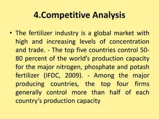 4.Competitive Analysis
• The fertilizer industry is a global market with
high and increasing levels of concentration
and trade. - The top five countries control 50-
80 percent of the world’s production capacity
for the major nitrogen, phosphate and potash
fertilizer (IFDC, 2009). - Among the major
producing countries, the top four firms
generally control more than half of each
country’s production capacity
 