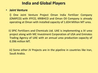 India and Global Players
• Joint Venture
i) One Joint Venture Project Oman India Fertilizer Company
(OMIFCO) with IFFCO, KRIBHCO and Oman Oil Company is already
operating at Oman with installed capacity of 1.654 Million MT urea.
ii) SPIC Fertilizers and Chemicals Ltd. UAE is implementing a JV urea
project along with MC Investment Corporation of USA and Emirates
Trading Agency of UAE with an annual urea production capacity of
0.396 million MT.
iii) Some other JV Projects are in the pipeline in countries like Iran,
Saudi Arabia.
 