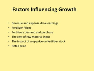 Factors Influencing Growth
• Revenue and expense drive earnings
• Fertilizer Prices
• Fertilizers demand and purchase
• The cost of raw material input
• The impact of crop price on fertilizer stock
• Retail price
 