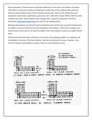 Some examples of Flemish bond incorporate stretchers of one colour and headers of another.
This effect is commonly a product of treating the header face of the heading bricks while the
bricks are being baked as part of the manufacturing process. Some of the header faces are
exposed to wood smoke, generating a grey-blue color, while other simply vitrified until they reach
a deeper blue color. Some headers have a glazed face, caused by using salt in the firing.
Sometimes Staffordshire Blue bricks are used for the heading bricks.
Brickwork that appears as Flemish bond from both the front and the rear is double Flemish bond,
so called on account of the front and rear duplication of the pattern. If the wall is arranged such
that the bricks at the rear do not have this pattern, then the brickwork is said to be single Flemish
bond.
Flemish bond brickwork with a thickness of one brick is the repeating pattern of a stretcher laid
immediately to the rear of the face stretcher, and then next along the course, a header. A lap
(correct overlap) is generated by a queen closer on every alternate course:
 