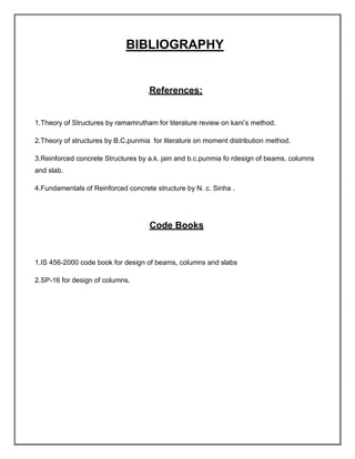 BIBLIOGRAPHY
.References:
1.Theory of Structures by ramamrutham for literature review on kani’s method.
2.Theory of structures by B.C.punmia for literature on moment distribution method.
3.Reinforced concrete Structures by a.k. jain and b.c.punmia fo rdesign of beams, columns
and slab.
4.Fundamentals of Reinforced concrete structure by N. c. Sinha .
Code Books
1.IS 456-2000 code book for design of beams, columns and slabs
2.SP-16 for design of columns.
 