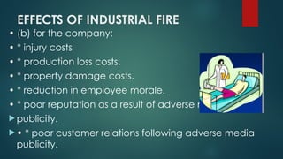 EFFECTS OF INDUSTRIAL FIRE
• (b) for the company:
• * injury costs
• * production loss costs.
• * property damage costs.
• * reduction in employee morale.
• * poor reputation as a result of adverse media
 publicity.
 • * poor customer relations following adverse media
publicity.
 