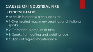 CAUSES OF INDUSTRIAL FIRE
• PROCESS HAZARD
 A: Faults in process plants leads to:
 1.Overheated machinery bearings and frictional
sparks.
 2. Tremendous amount of HEAT.
 B: Sparks from cutting and welding tools
 C: Lack of regular maintenance
 
