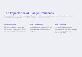 The Importance of Flange Standards
Flange standards are crucial for ensuring that flanges from different manufacturers can be easily interchanged. This is
essential for ensuring the safe and reliable operation of industrial equipment.
Standards guarantee that flanges
from different manufacturers can be
connected without leaks or failures.
Flange standards help ensure the safe
and reliable operation of industrial
equipment.
Standards reduce the cost of
manufacturing and maintenance by
ensuring compatibility and
interchangeability.
Interchangeability Safety and Reliability Cost Efficiency
 