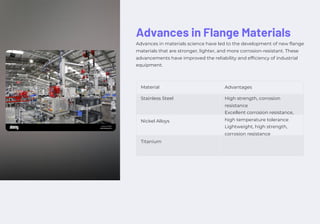 Advances in Flange Materials
Advances in materials science have led to the development of new flange
materials that are stronger, lighter, and more corrosion-resistant. These
advancements have improved the reliability and efficiency of industrial
equipment.
Material
Stainless Steel
Advantages
High strength, corrosion
resistance
Excellent corrosion resistance,
high temperature tolerance
Lightweight, high strength,
corrosion resistance
Nickel Alloys
Titanium
 