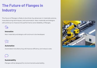 The Future of Flanges in
Industry
The future of flanges is likely to be driven by advances in materials science,
manufacturing techniques, and automation. New materials and designs
will continue to improve the performance and reliability of flanges.
Flanges will be designed for environmental sustainability.
New materials and designs will continue to be developed.
Automated manufacturing will improve efficiency and reduce costs.
Innovation
Automation
Sustainability
 