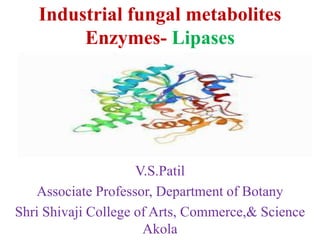 Industrial fungal metabolites
Enzymes- Lipases
V.S.Patil
Associate Professor, Department of Botany
Shri Shivaji College of Arts, Commerce,& Science
Akola
 