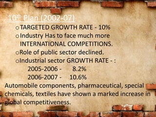 10th Plan (2002-07)
oTARGETED GROWTH RATE - 10%
oIndustry Has to face much more
INTERNATIONAL COMPETITIONS.
oRole of public sector declined.
oIndustrial sector GROWTH RATE - :
2005-2006 - 8.2%
2006-2007 - 10.6%
Automobile components, pharmaceutical, special
chemicals, textiles have shown a marked increase in
global competitiveness.
 