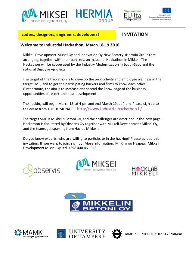 Invitation to Industrial Hackathon (SME) of Mikkelin Betoni Oy