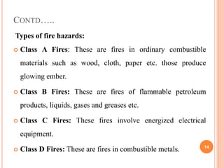 CONTD…..
Types of fire hazards:
 Class A Fires: These are fires in ordinary combustible
materials such as wood, cloth, paper etc. those produce
glowing ember.
 Class B Fires: These are fires of flammable petroleum
products, liquids, gases and greases etc.
 Class C Fires: These fires involve energized electrical
equipment.
 Class D Fires: These are fires in combustible metals. 14
 