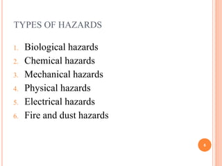 TYPES OF HAZARDS
1. Biological hazards
2. Chemical hazards
3. Mechanical hazards
4. Physical hazards
5. Electrical hazards
6. Fire and dust hazards
6
 