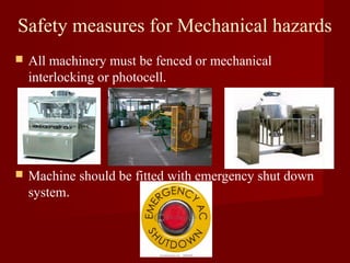 Safety measures for Mechanical hazards
   All machinery must be fenced or mechanical
    interlocking or photocell.




   Machine should be fitted with emergency shut down
    system.
 