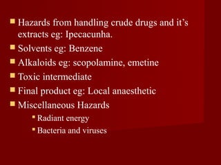 Hazards  from handling crude drugs and it’s
  extracts eg: Ipecacunha.
 Solvents eg: Benzene
 Alkaloids eg: scopolamine, emetine
 Toxic intermediate
 Final product eg: Local anaesthetic
 Miscellaneous Hazards
      Radiant energy
      Bacteria and viruses
 