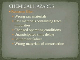 Reasons like:
 Wrong raw materials
 Raw materials containing trace
impurities
 Changed operating conditions
 Unanticipated time delays
 Equipment failure
 Wrong materials of construction
 