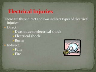 There are three direct and two indirect types of electrical
injuries:
 Direct:
Death due to electrical shock
Electrical shock
Burns
 Indirect:
Falls
Fire
 