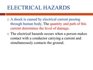 ELECTRICAL HAZARDS
 A shock is caused by electrical current passing
through human body. The quantity and path of this
current determines the level of damage.
 The electrical hazards occurs when a person makes
contact with a conductor carrying a current and
simultaneously contacts the ground.
 