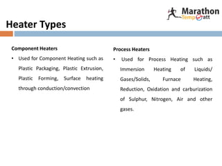 Heater Types
Component Heaters
• Used for Component Heating such as
Plastic Packaging, Plastic Extrusion,
Plastic Forming, Surface heating
through conduction/convection
Process Heaters
• Used for Process Heating such as
Immersion Heating of Liquids/
Gases/Solids, Furnace Heating,
Reduction, Oxidation and carburization
of Sulphur, Nitrogen, Air and other
gases.
 