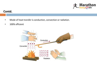 • Mode of heat transfer is conduction, convection or radiation.
• 100% efficient
Contd.
 