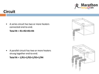 Circuit
• A series circuit has two or more heaters
connected end-to-end.
Total Rt = R1+R2+R3+R4
• A parallel circuit has two or more heaters
strung together end-to-end.
Total Rt = 1/R1+1/R2+1/R3+1/R4
 